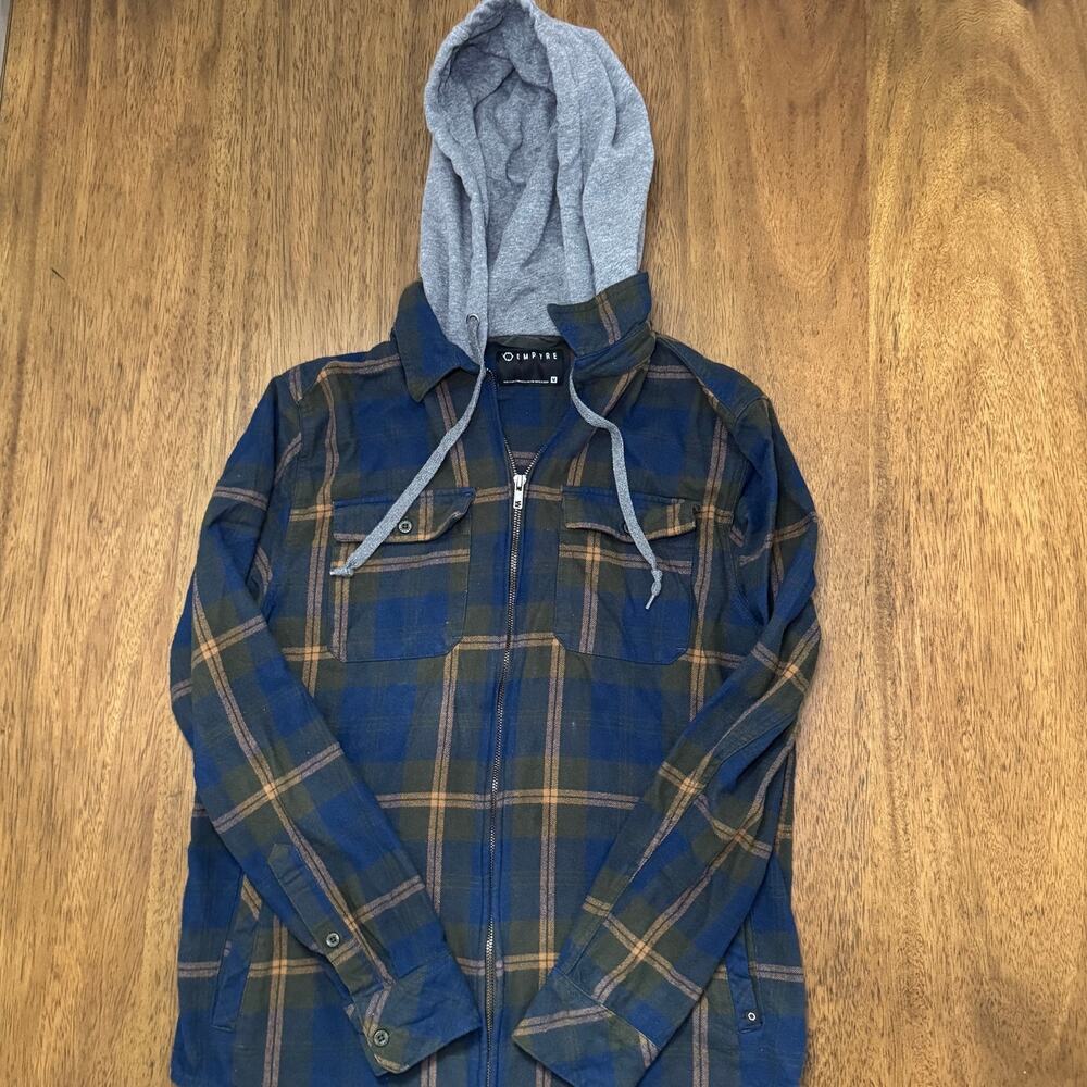 Empyre Men’s M Plaid Hooded Flannel Jacket Blue Green Zip Up Skate Streetwear